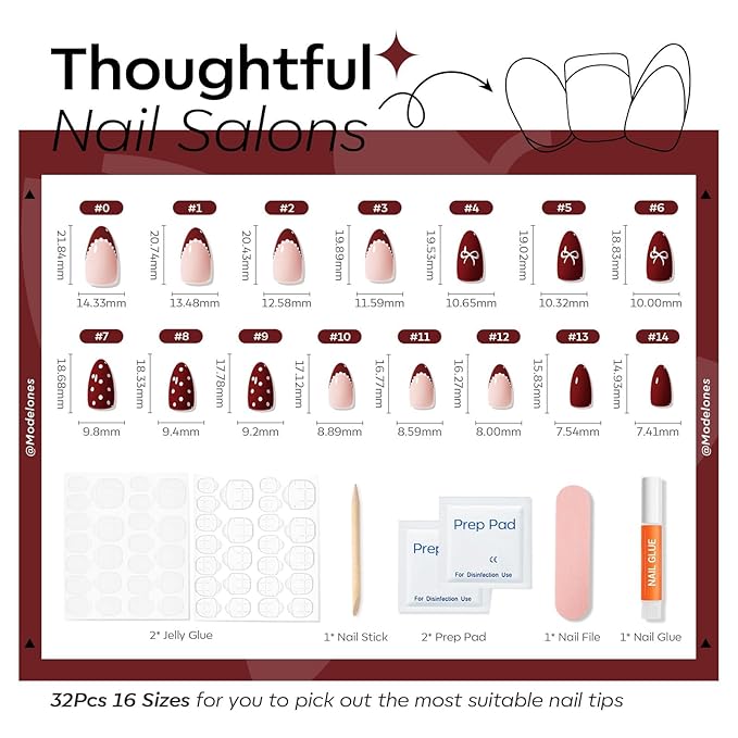 Modelones Red Press on Nails Almond, New Years Polka Dot Short Almond Fake Nails, Reusable Nail Kit with Nail Glue Adhesive Tabs Mini Nail File Nails Press Ons 32Pcs 16 Sizes, Women Girl Gift