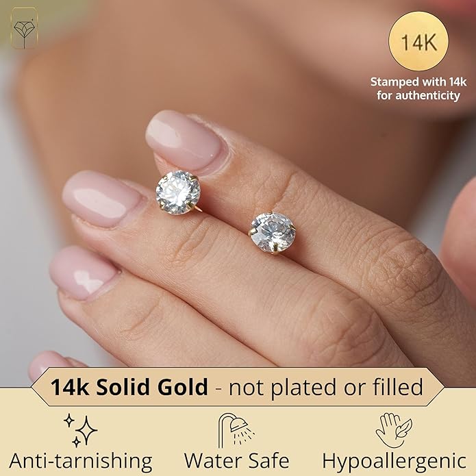 14k Gold Solitaire Round Cubic Zirconia Earrings Studs for Women & Men | Anti Tarnishing CZ Stud Earrings with 14k Gold Butterfly Pushbacks | 4MM-7.5MM by MAX + STONE