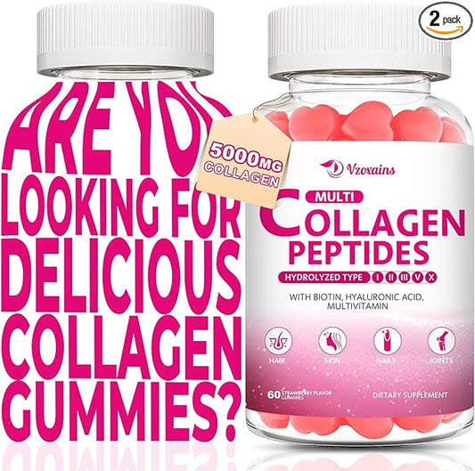 Collagen Peptides Gummies 5000MG, Collagen Gummies for Women & Men, Type I,II,III,V,X Protein with Biotin, Hyaluronic Acid, Vitamin C for Healthy Skin | Strawberry Flavored, Sugar Free, 120 Cts