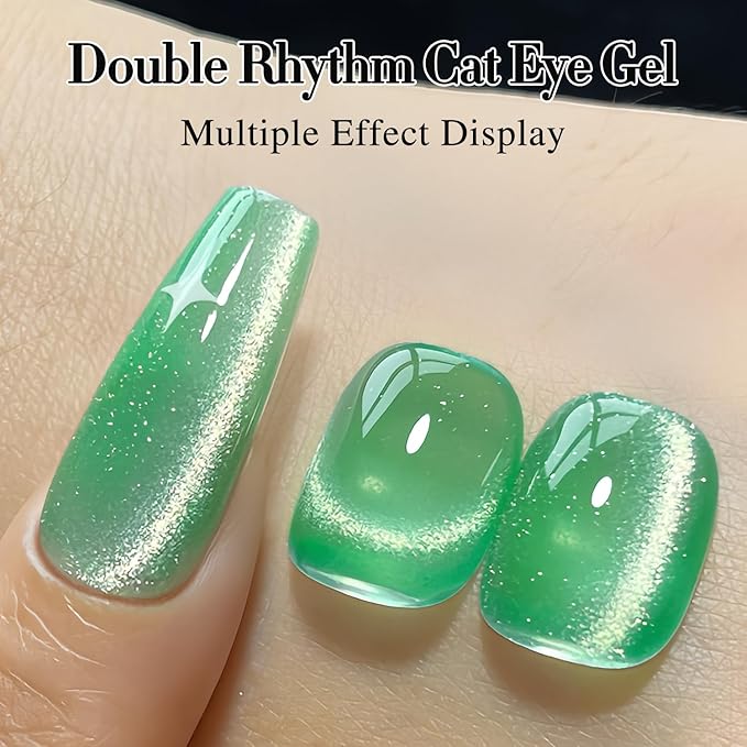 Double Rhythm Jelly Glass Cat Eye Gel Polish with Magnet 15ML Holographic Glitter Shimmer Translucent Sheer Color Magnetic Gel Polish Salon DIY at Home (Spring Green-MC1067)