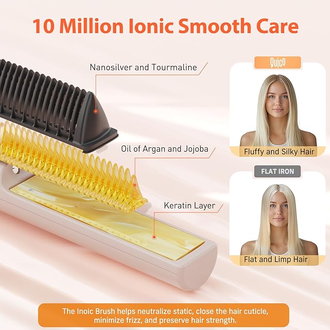 Quico Hair Straightener Brush, 100-240V Dual Voltage Ionic Straightener Brush for Women, Ceramic Travel Hair Straightener Comb, Electric Hot Comb Flat Iron, Auto Temp Lock & Auto-Off Function, Pink