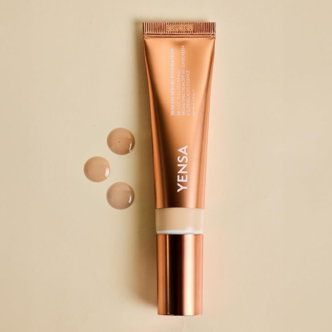 YENSA Skin on Skin BC Foundation Makeup - CC, BB Cream & Full Coverage Foundation-In-One - Buildable, Radiant Finish with SPF 40, Hyaluronic Acid, Peptides & 8 SuperBlacks - Deep Neutral (1 oz)
