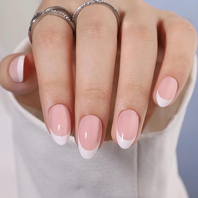 RPNZL Press On Nails - Paris | Classic French Manicure Tip, UV Finish Almond Nails, Reusable, Salon Quality | 32 Nails, 16 Sizes Kit with Glue and Adhesive Tabs