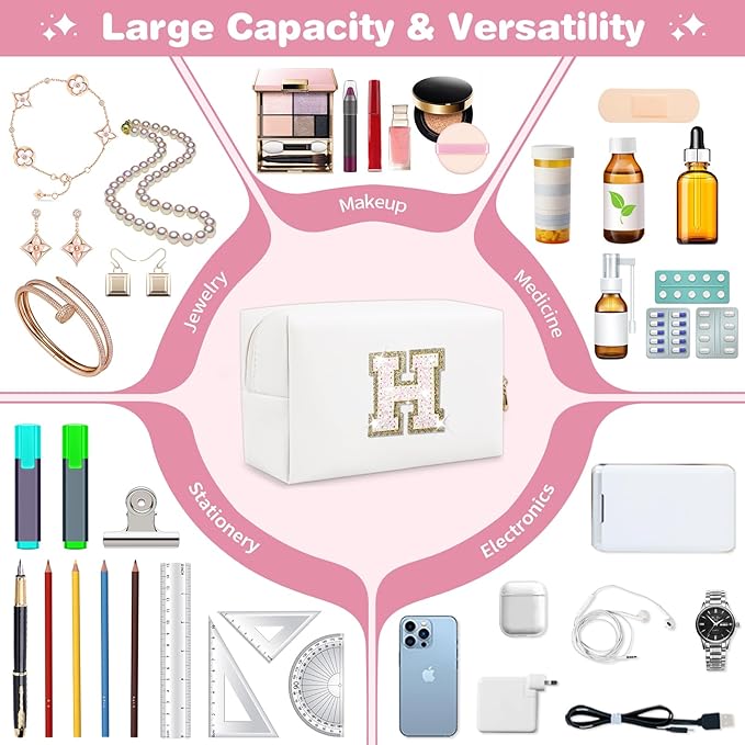 Small Initial Patch Makeup Bag Personalized Gifts Make Up Bag,White Cute PU Leather Glitter Letter Cosmetic Bag with Zipper,Trendy Portable Travel Toiletry Pouch,Preppy Stuff for Teen Girls Women H