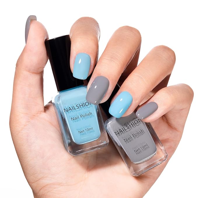 Nailshion Dusty Gray Blue Nail Polish, 2 Colors Fast Air Dry Fingernail Polish Duo, Light Blue, Non-Gel, Vegan, Opaque, Long-lasting Glossy Nail Art DIY Home Travel Manicure
