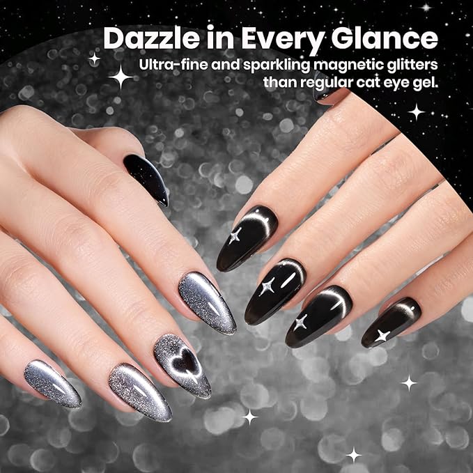 Beetles Gel Nail Polish Set - Twilight Gleam 6 Colors Cat Eye Glitter White Black Silver Shimmer Sparkle Gel Polish Kit with Magnet Soak Off Nail Art Uv Led Home Salon Gift for Women&Girls