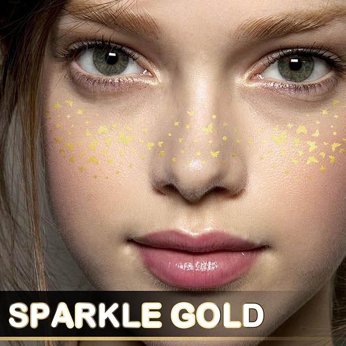 10 PCS Gold Glitter Freckles Face Tattoo Sparkles Makeup Patches Stickers for Women Girls Fairy Rave Festival Trinkets Accessories