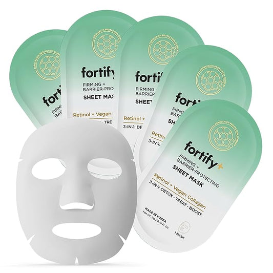 Fortify Skincare Retinol & Collagen Face Mask – 3-in-1: Detox, Treat, Boost – Hydrating, Firming, Anti-Aging – Dermatologist Tested Korean Skin Care – Clean Beauty Vegan Sheet Mask – 5 Sheets
