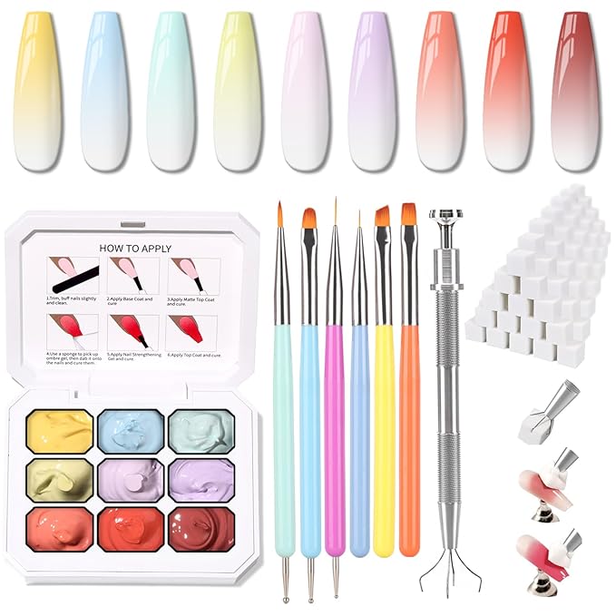 Karroy Christmas Gel Polish, 9 Colors Ombre Patting Gel Nail Polish Palette, 100 Sponges 6 Brushes 1Grabber, Blending Color Gradient Painting Nails Art, No Wipe, UV/LED Cured (Set 01)