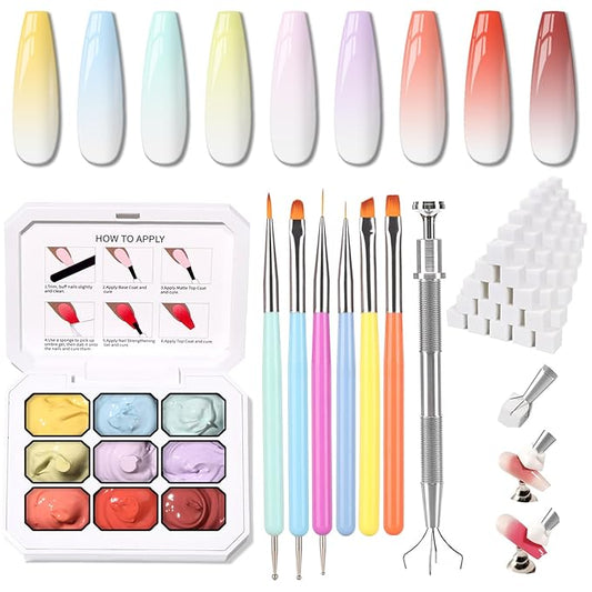 Karroy Christmas Gel Polish, 9 Colors Ombre Patting Gel Nail Polish Palette, 100 Sponges 6 Brushes 1Grabber, Blending Color Gradient Painting Nails Art, No Wipe, UV/LED Cured (Set 01)