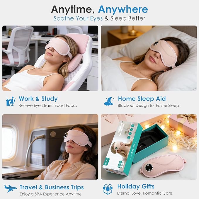 Heated Eye Mask with Massager, 3D Contoured Light-Blocking Sleep Mask for Dry Eyes, LED Display & 3-Level Heat/Vibration Modes,Gift for Men & Women, Ideal for Home, Office & Travel Use (Pink)