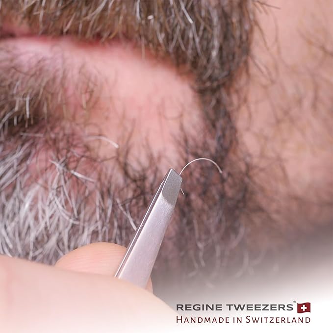 Regine Switzerland Professional Tweezers Slant Tip - Etched Tip Brow and Eyebrow Tool for Men and Women - Precision Tweezers for Fine Hair, Chin, Lash Extensions - Stainless Steel Handmade Beauty Tool