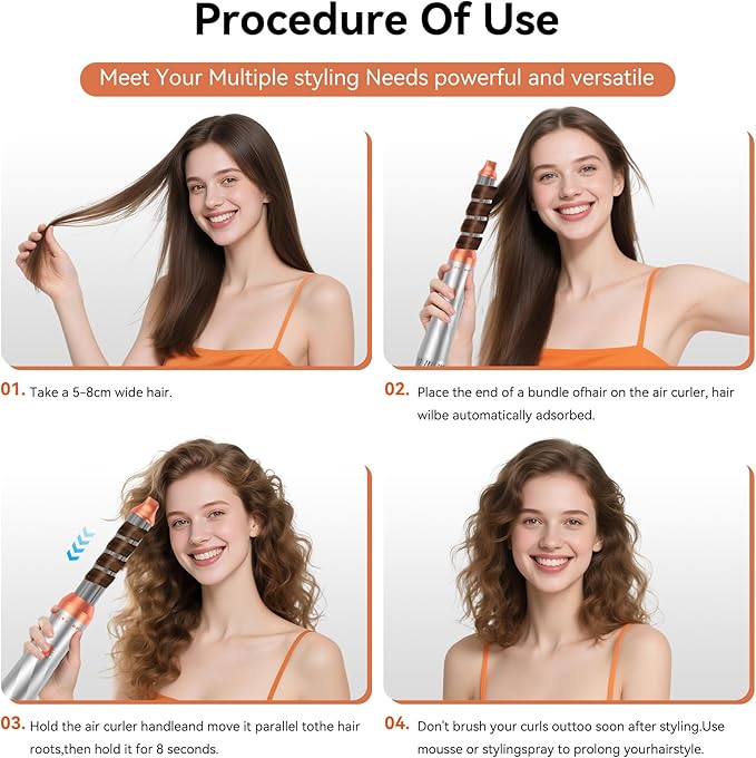 5 in 1 Blow Dryer Brush,110-120V Hair Dryer Brush, Fast Drying & 3 Adjustable Temperatures Hot-Air Hair Brushes, Detachable Hair Styler Set for Curling/Volumizing/Straightening/Styling (Silver-Orange)