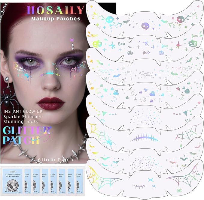 HOSAILY 8pcs Holographic Silver Halloween Glitter Freckles Face Tattoo, Waterproof Long Lasting Multicolor Speckles Patches for Women Kids, Cute Temporary Tattoo Makeup Accessories for Festival Rave