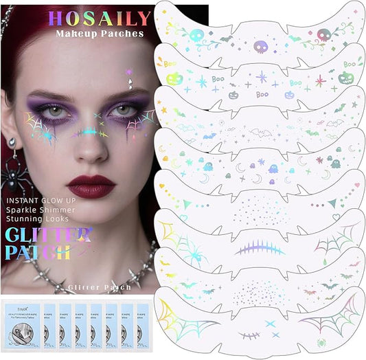 HOSAILY 8pcs Holographic Silver Halloween Glitter Freckles Face Tattoo, Waterproof Long Lasting Multicolor Speckles Patches for Women Kids, Cute Temporary Tattoo Makeup Accessories for Festival Rave