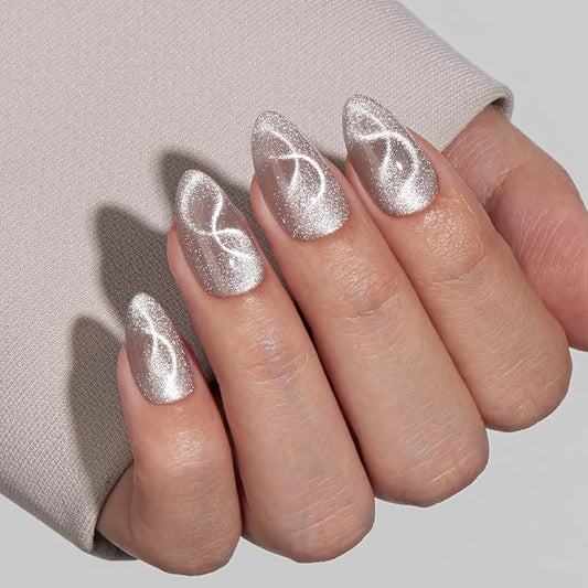 VSALON Press On Nails Short Almond, 32 Pcs 16 Sizes Cat Eye Press On Nails Silver Shimmer Ribbon Sparkly Fake Nails With UV Glue Reusable Stick On Nails Semi-transparent Valentines Gifts For Women