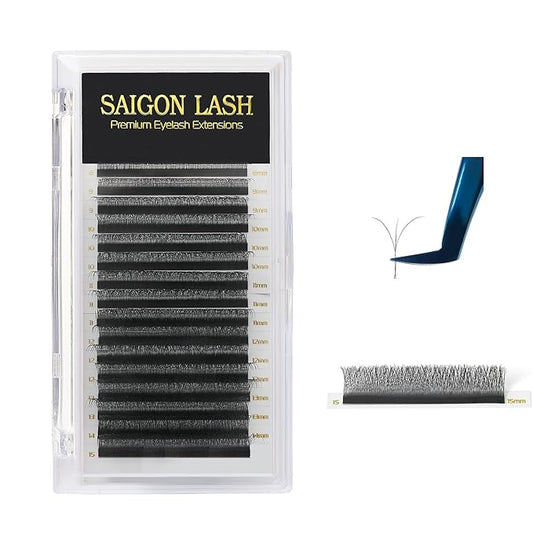 SAIGON LASH W-Shaped Eyelash Extensions, 3D Premade Fan Lashes 0.07 B C CC D DD Curl, Matte Black Volume Lash Extensions, Easy Fanning Lash Tray, 8–15mm Mixed Length, 16 Rows (W Lash D-0.07)