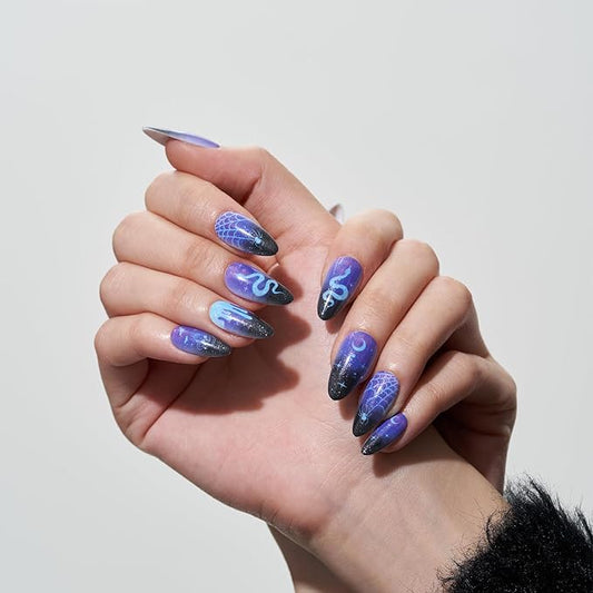 GLAMERMAID Press on Nails Medium Almond, Winter Gothic Black Blue Ombre Snake Gel Glue on Nail, Glossy Short Stiletto Reusable UV Finish Emo Fake Nails, Acrylic False Nails Manicure Kits for Women