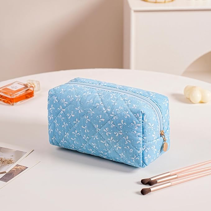 Cute Floral Makeup Bag Small Cotton Quilted Cosmetic Bag, Aesthetic Essential Bag Emergency Bag Gift for Women Girls Travel Accessories (Blue)