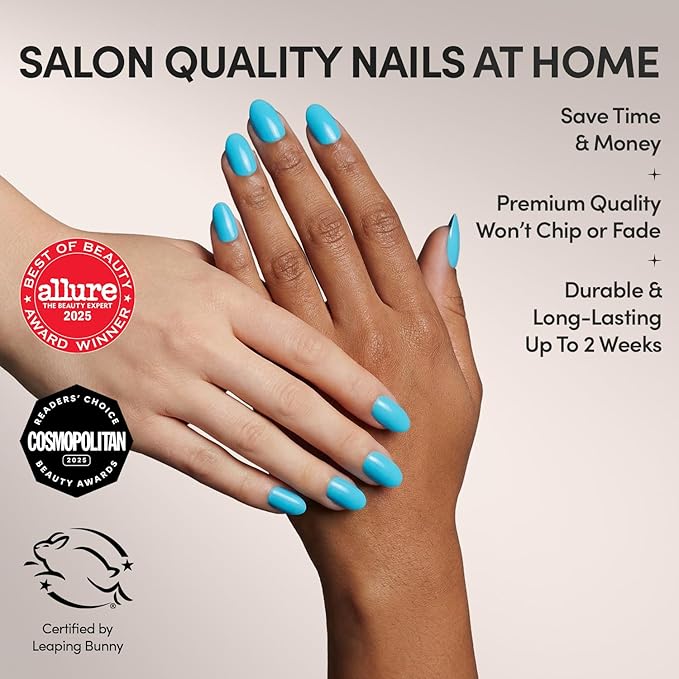 Glamnetic Press On Nails - Azure Blue | Opaque Bright Blue Short Round Fake Nails, Salon Quality | 12 Sizes - 30 Nail Kit