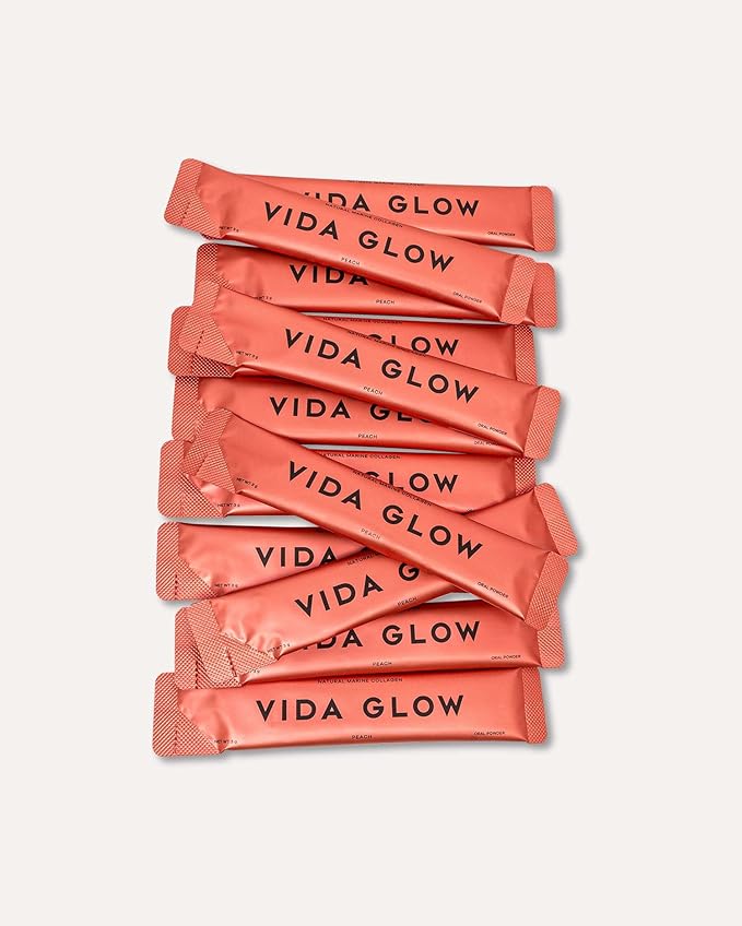 Vida Glow Marine Collagen Powder - Anti Aging Supplement with Collagen Peptides, Promotes Glowing Skin, Strong Nails, Healthy Hair | 30 Servings, Peach Flavor