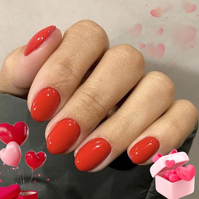 modelones Red Short Press on Nails Oval Fake Nails with Nail Glue, Adhesive Tabs, Nail File, Prep Pad, Manicure Stick, 32Pcs 16 Sizes, Valentines