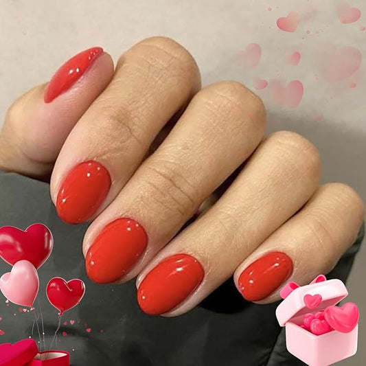 modelones Red Short Press on Nails Oval Fake Nails with Nail Glue, Adhesive Tabs, Nail File, Prep Pad, Manicure Stick, 32Pcs 16 Sizes, Valentines