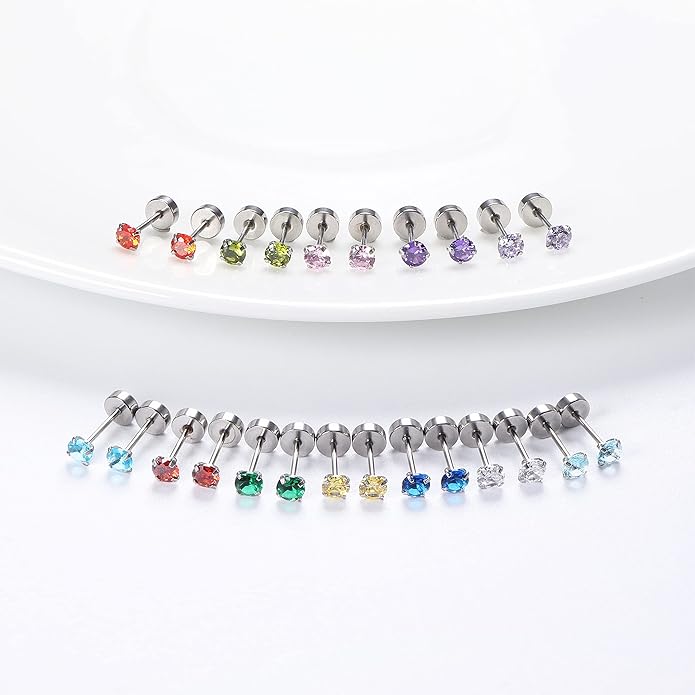 Fansilver 20G Hypoallergenic Flat Back Earrings for Women Men Silver 14K Gold Stainless Steel Stud Earrings Brithstone Cubic Zirconia Studs Surgical Steel Cartilage Earrings for Sensitive Ears