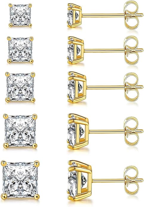 MDFUN 5 Pairs Square Earrings Set for Women Hypoallergenic 18K White Gold/Yellow Gold/Rose Gold Plated Princess Cut Clear Cubic Zirconia Stud Earring 3-7MM Pack of 5