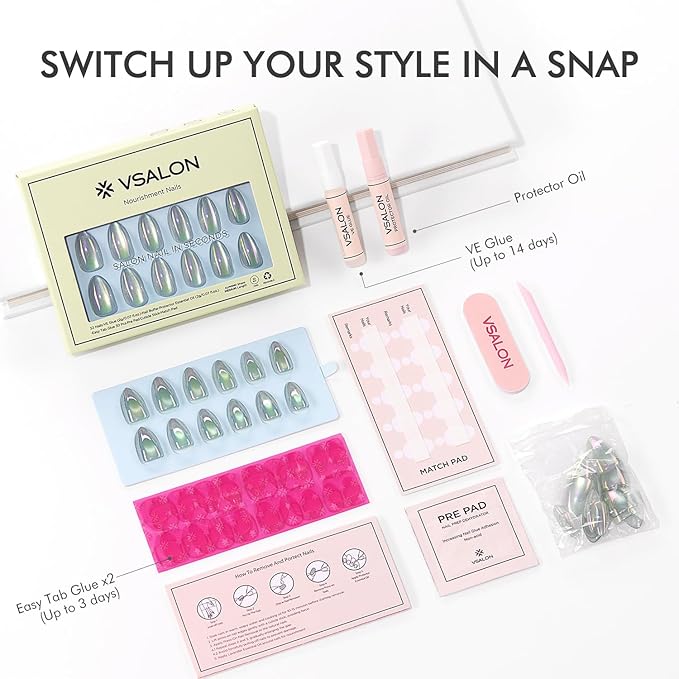 VSALON Press on Nails Short Almond - Holographic Chrome Cat Eye Nails Kit for Women, Reusable Aurora Effect Transparent Soft Gel Fake Nails with Glue - 32 PCS Stick On Nails in 16 Sizes