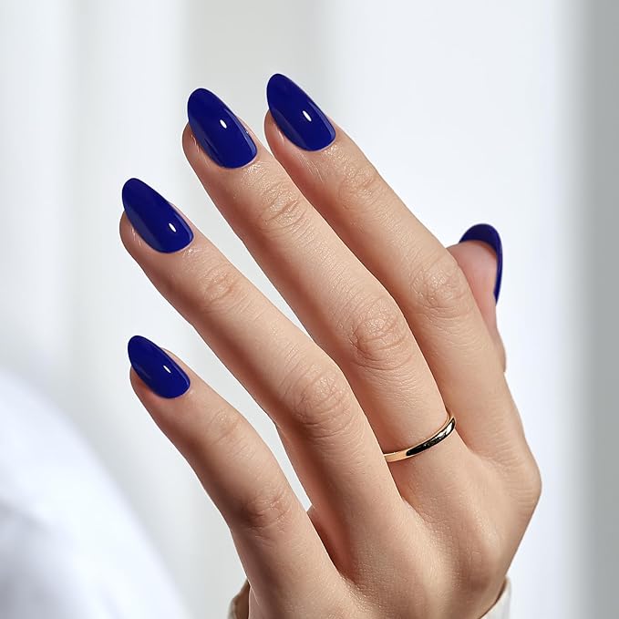 BTArtbox Press On Nails Short - Navy Blue Press On Nails, Short Oval Fake Nails with Nail Glue, Natural Soft Gel Nail Kit, Natural Reusable Glue On Nails in 16 Sizes, Mystic