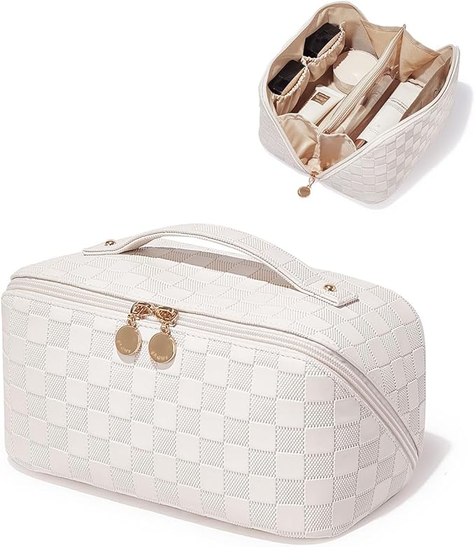 EACHY Travel Makeup Bag, Large Capacity Cosmetic Bag for Women, Waterproof PU Leather, Flat Open Portable Toiletry Bag for Skincare, Brushes & Travel Essentials