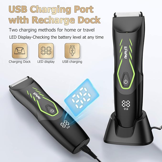 ENSSU Manscape Body Hair Trimmer for Men, Pubic Groin Hair Trimmer for Men with Safe Blade, Cordless Ball Shaver w/Light, Charging Dock, Waterproof Body Groomer Man, LED Display, 1H Charge,Green