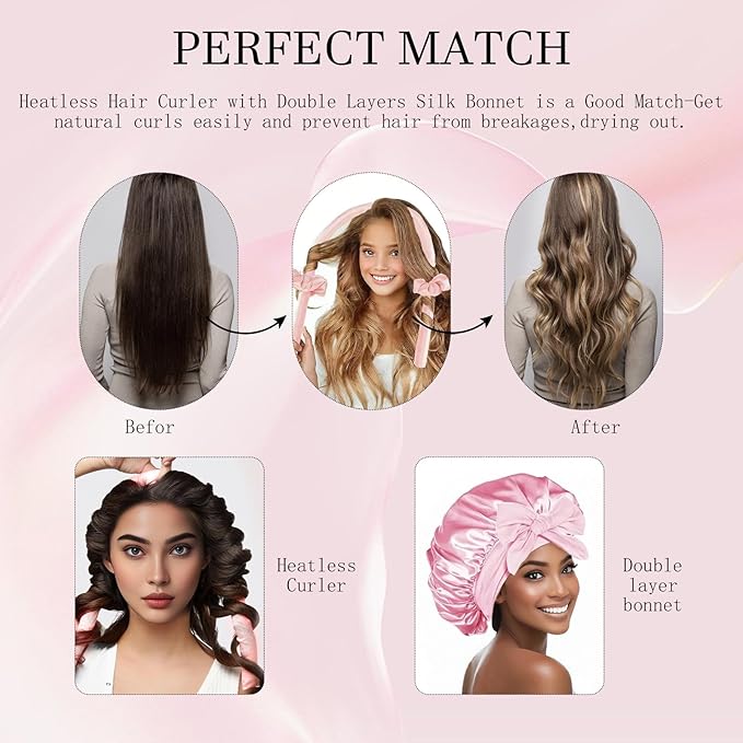 No Heat Overnight Curls with Double Layer Satin Bonnet - Soft Hair Curlers to Sleep In, heatless Curling Rods Set + Silk Bonnet for Women & Girls Long Hair, Heatless Waves & Volume (Pink)
