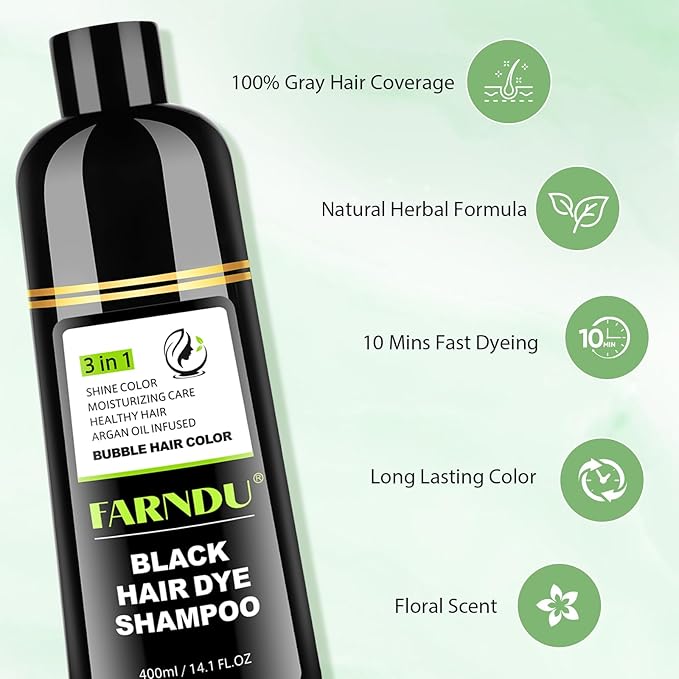Farndu Black Hair Dye Shampoo for Women & Men, Gray Hair Coverage Herbal Natural 3 in 1 Hair Color Shampoo, Champu para canas