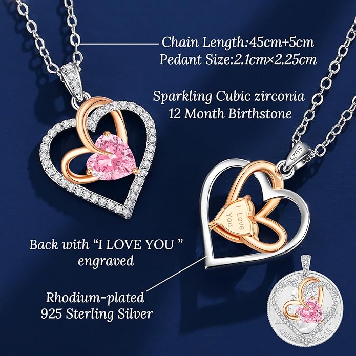 OOBEE Birthstone Necklaces for Women, 925 Sterling Silver Gemstone Fine Love Heart Moissanite Necklace, Ideal Birthday Anniversary Mothers Day Jewelry Gifts for Wife Mom Girlfriend Her