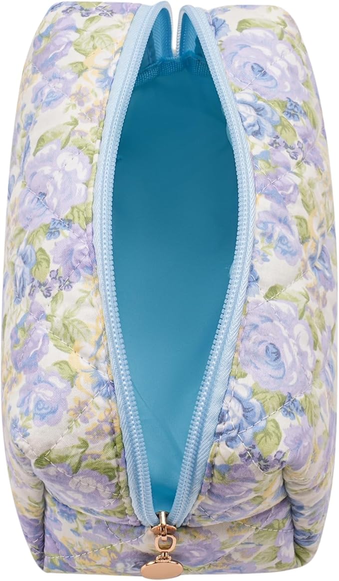 Cute Floral Makeup Bag Small Cotton Quilted Cosmetic Bag, Aesthetic Essential Bag Emergency Bag Gift for Women Girls Travel Accessories (Blue Rose)