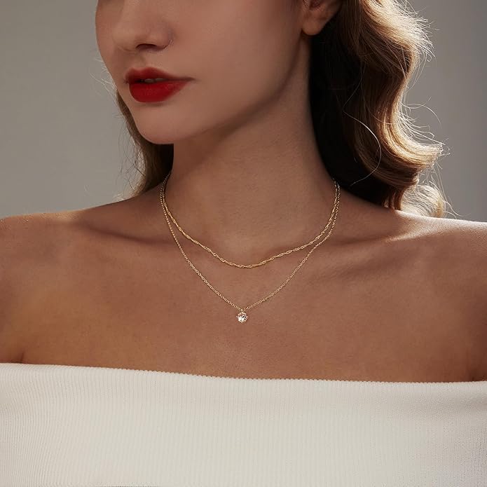 Luxval Diamond Pendant Gold Necklace for Women，Dainty 18k Gold Plated Choker Necklaces Simple Gold Jewelry Gifts for Women Girls