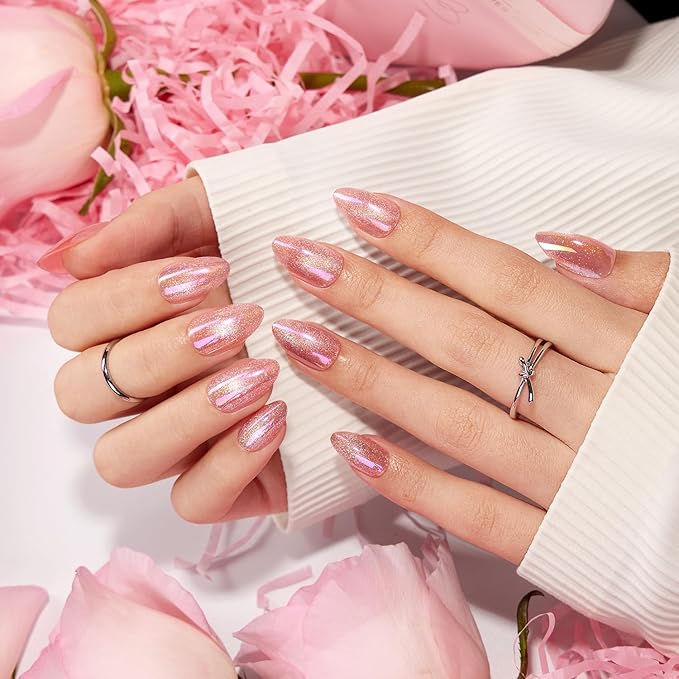 VSALON Press on Nails Short Almond - Pink Cat Eye Pastel Glitter Holographic Fake Nails Kit, Reusable Opaque Gel Chrome Glue on Nails with Glue & Cuticle Oil - Valentines Gifts for Women
