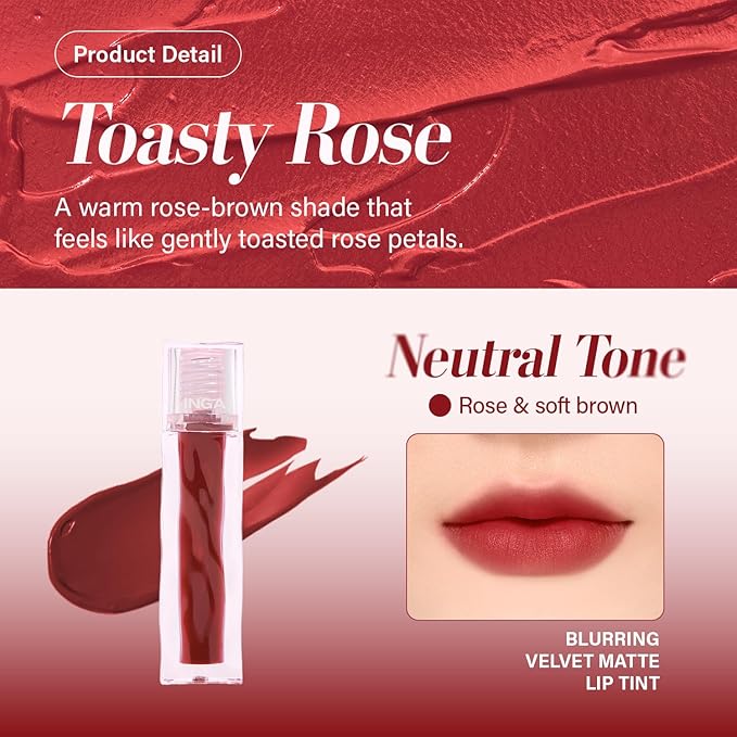 INGA Blurring Velvet Matte Lip Tint - Soft-Blur Matte Finish, Waterproof, Transfer-Proof, Long-Lasting Lip Stain, Lightweight Buildable Color with Hydrating Comfort (Toasty Rose)