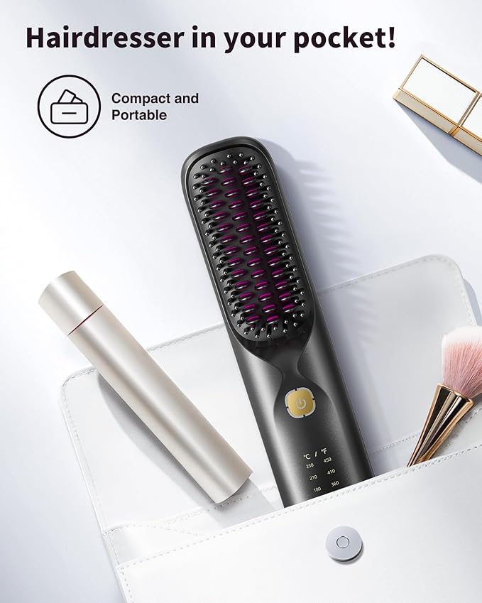 Cordless Hair Straightener Brush - Portable Hair Brush for Travel - 30s Fast Heating - 300 Million Negative Ions for Frizz-Free Shine,Touch Up On-The-Go,Gift for Women,10000mAh