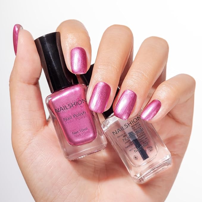 Nailshion Metallic Purple Rose Nail Polish with Base Top Coat 3-in-1 Clear Fast Air Dry Fingernail Polish Duo, Non-Gel, Nail Strengthener Polishes, Opaque, Glossy Luxury Nail Art Gift for Women Girls