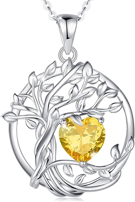FANCIME Tree of life Birthstone necklace Sterling Silver Pendant Birthstone Necklace Gemstone Anniversary Birthday Jewelry Christmas Gifts for Mom Her Wife