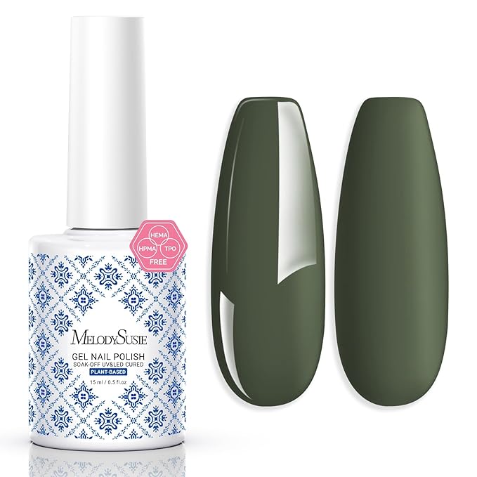 MelodySusie Fleurwee Plant Based Gel Nail Polish, Hema Free Dark Olive Green Nail Polish, Soak Off UV LED Gel Polish Gifts for Women 21 Non Toxic Long Lasting Nail Art Manicure Salon DIY at Home P08