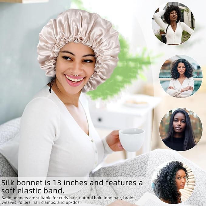 Satin Silk Bonnet for Curly Hair Bonnet Braid Bonnet for Sleeping Bonnets for Women Large Double-Layer Adjustable(2Pcs Champagne)