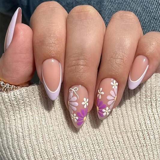 XZMeiLun Purple French Tip Press On Nails Spring Summer Acrylic Nails for Women - Purple Flower Designer Fake Nails Short Almond 24Pcs, Outdoor Picnic/Wedding/Party Reusable Glue On Stick On Nails