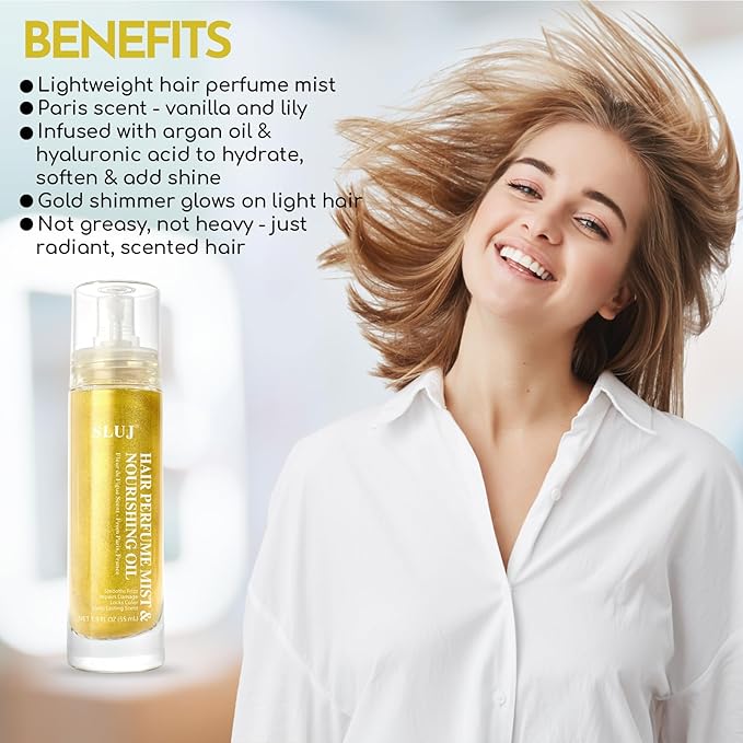 SLUJ Hair Perfume for Women - Hair Mist with Argan Oil & Gold Shimmer, Lightweight Hair Oil Spray for Dry Hair, Heat Protection Spray for Hair, Long Lasting Hair Scent