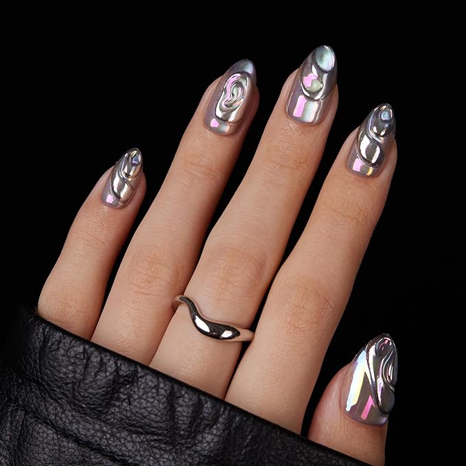 VSALON Press on Nails Short Almond - Chrome Silver Cat Eye 3D Swirl Design Fake Nails Kit for Women, Reusable Salon Quality Glue on Nails - 32 PCS Stick on Nails in 16 Sizes with Glue & Cuticle Oil
