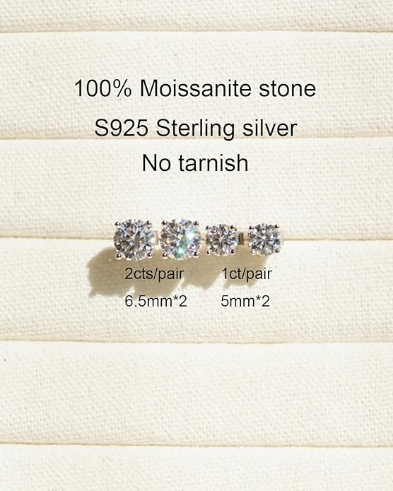 BLINGDIARY Moissanite Stud Earrings, 925 Sterling Silver 18K White Gold Plating Studs for Women Men, Wedding Jewelry Engagement Earrings