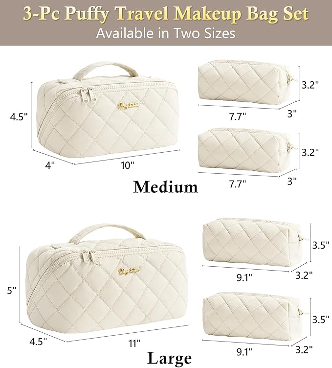 Travel Makeup Bag, 3 Pcs Large Capacity Puffy Toiletry Bag for Women, Open Flat Make up Cosmetic Organizer w/Handle & Clear Divider Water-resistant Portable Pouch Travel Essentials, M-Cream White